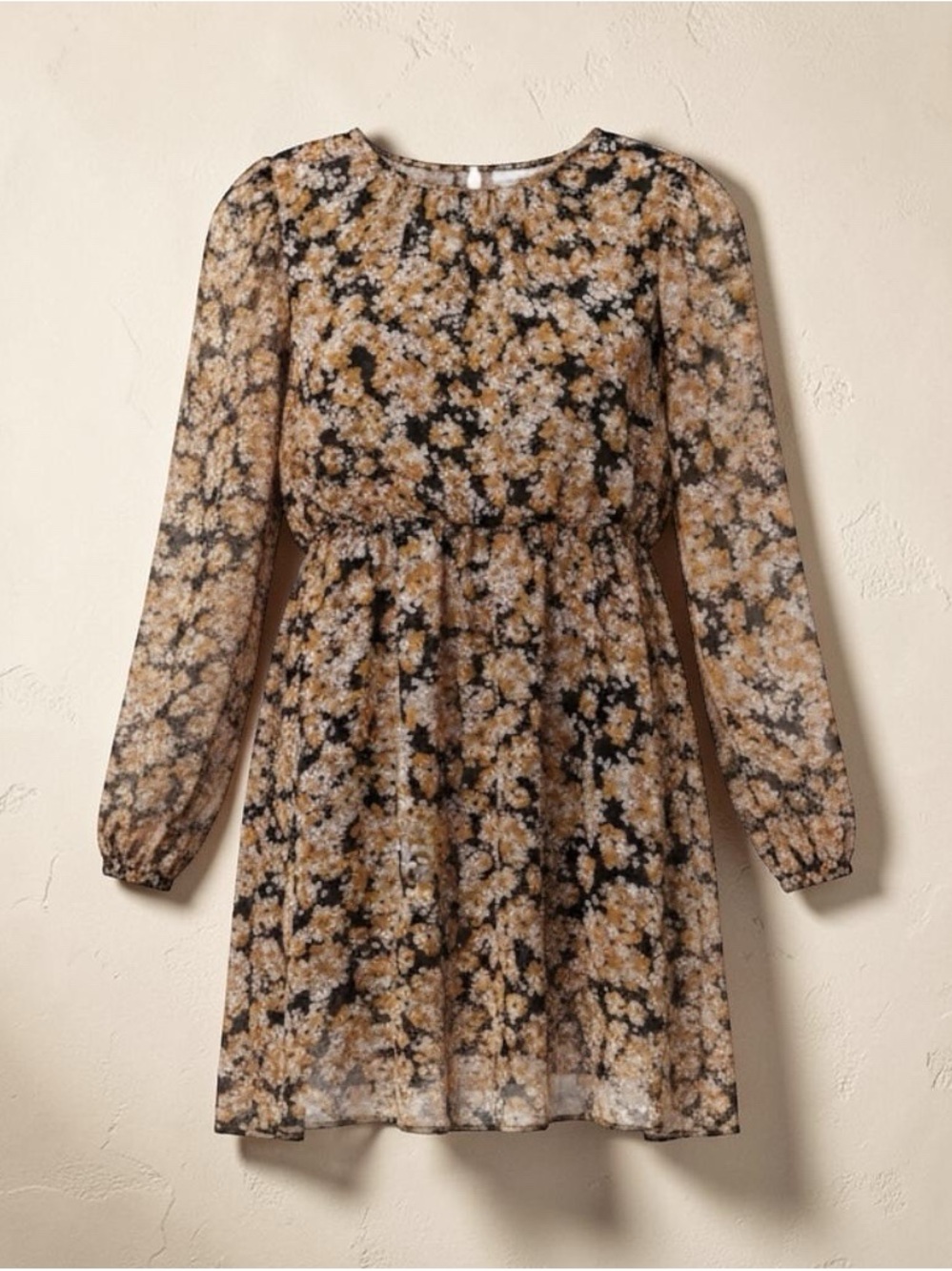 Sanctuary Black Floral Long-Sleeve Flowy Dress Orange Pink and Cream Blossoms